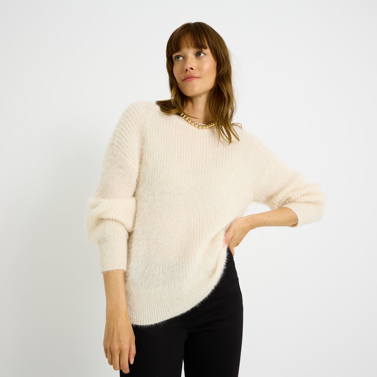 Pull fluffy 2 en 1 blanc cassé ecru, GRAIN DE MALICE