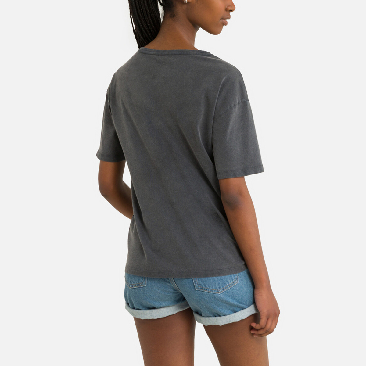 Printed Organic Cotton T-Shirt with V-Neck black, PIECES