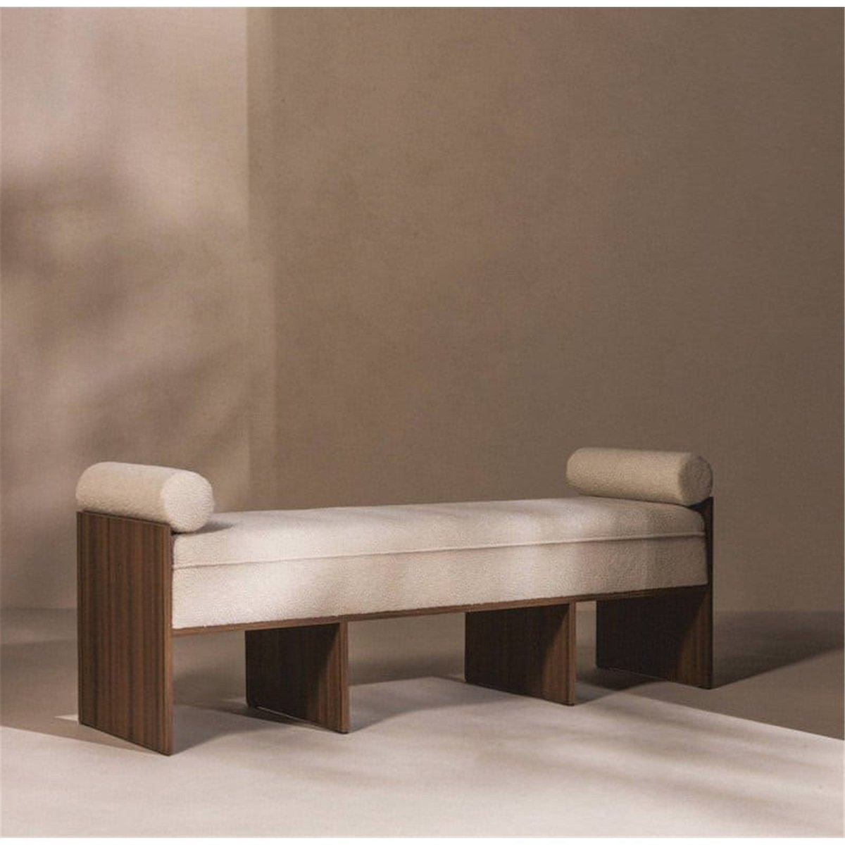Banquette en bouclé collection FOPPO beige clair et noyer wisconsin, RECOLLECTION