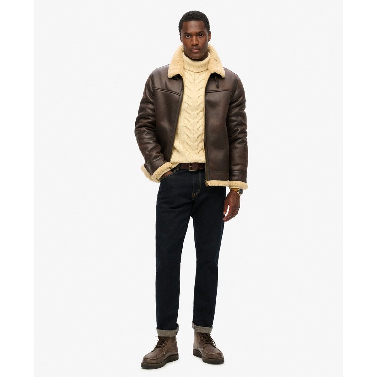 Veste Aviator imitation Fourrure Coupe Décontractée marron foncé, SUPERDRY