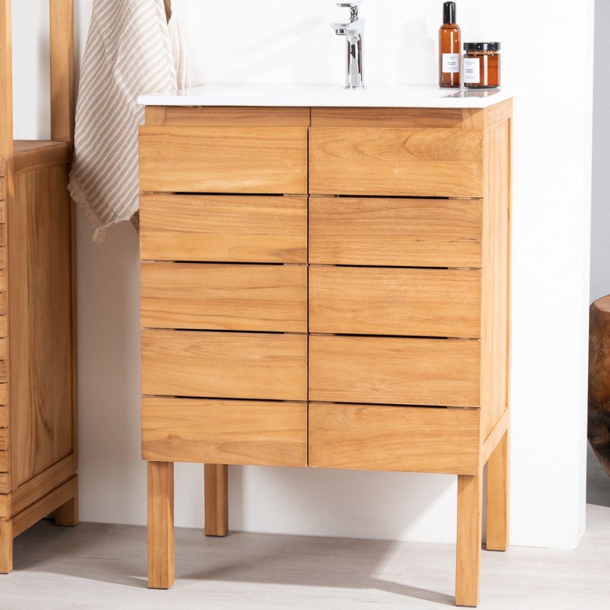Meuble salle de bain en teck et céramique 60 cm ANANTA blanc, WANDA COLLECTION