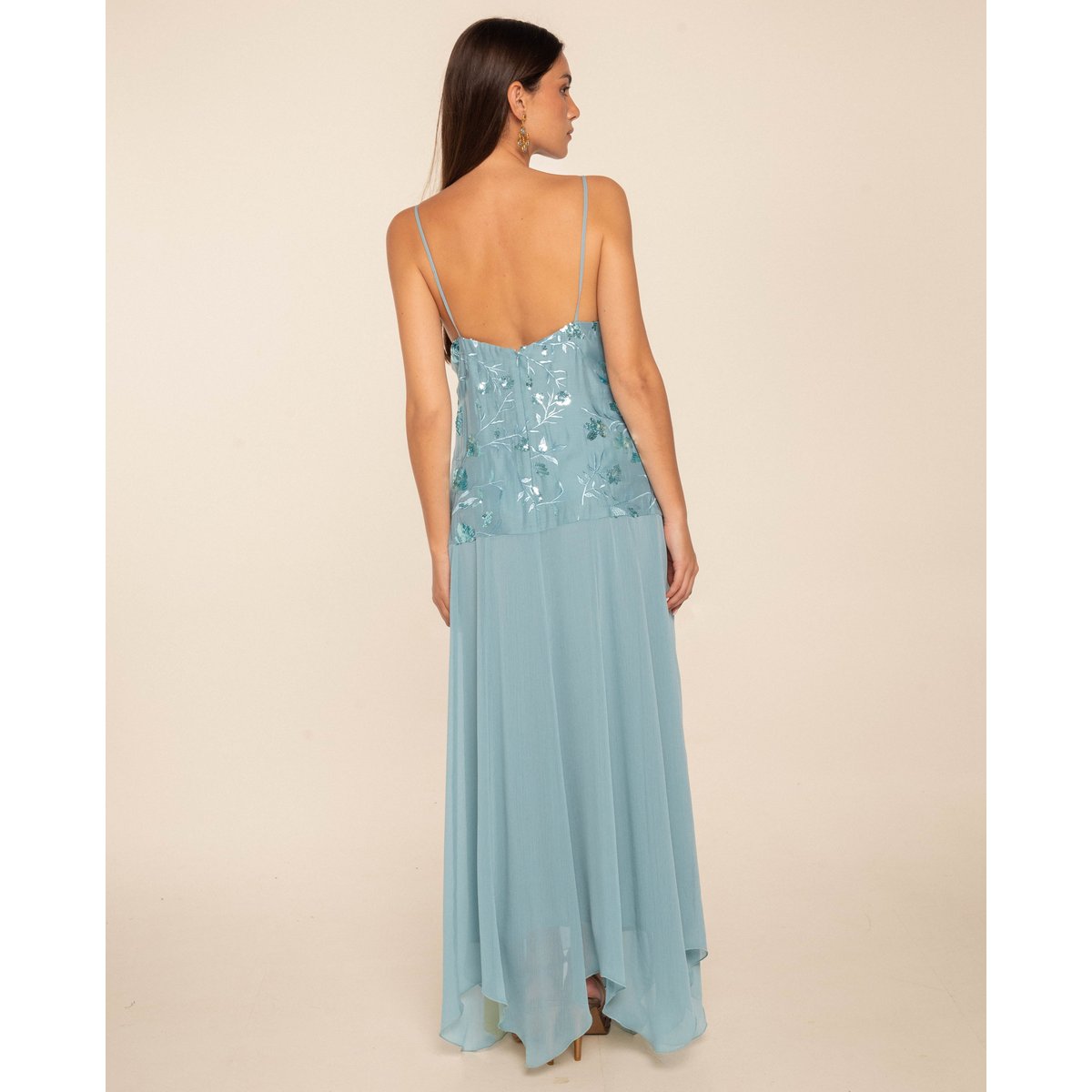 Robe longue en mousseline brodée à fleurs et sequins bleu, THE-ARE