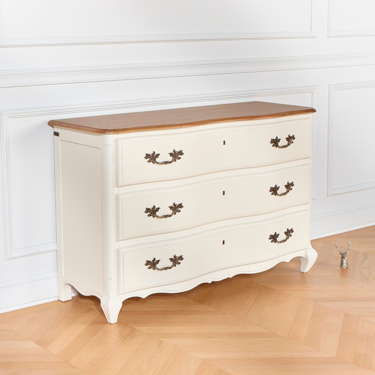 Commode style shabby chic, plateau chêne, 3 tiroirs SERRENA blanc, ROBIN DES BOIS
