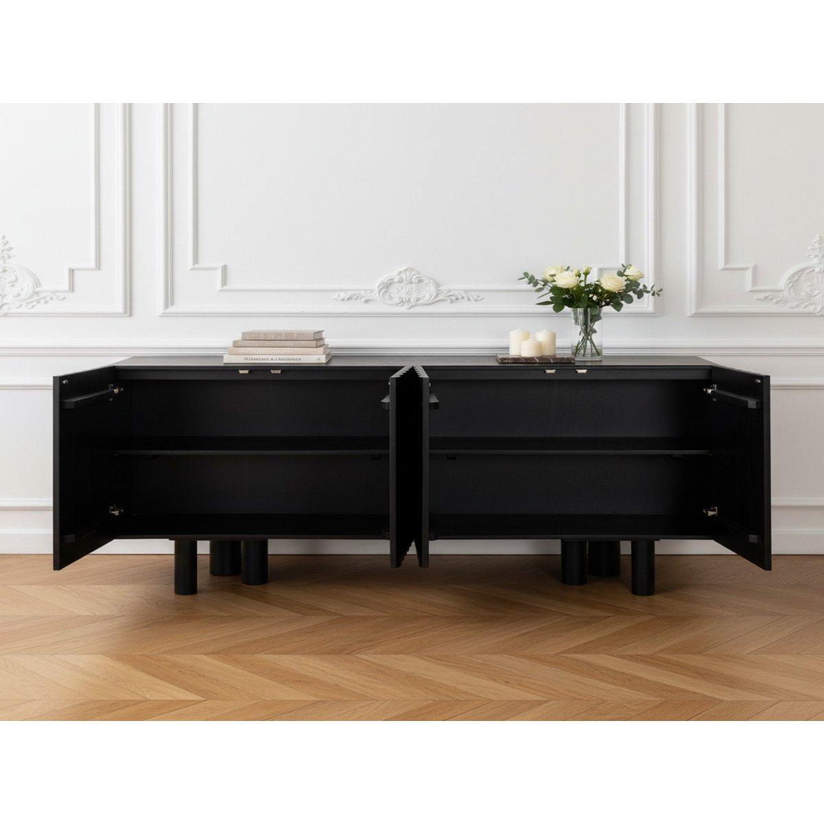Buffet en bois massif 4 portes 160 cm, GABRIEL noir, BOBOCHIC