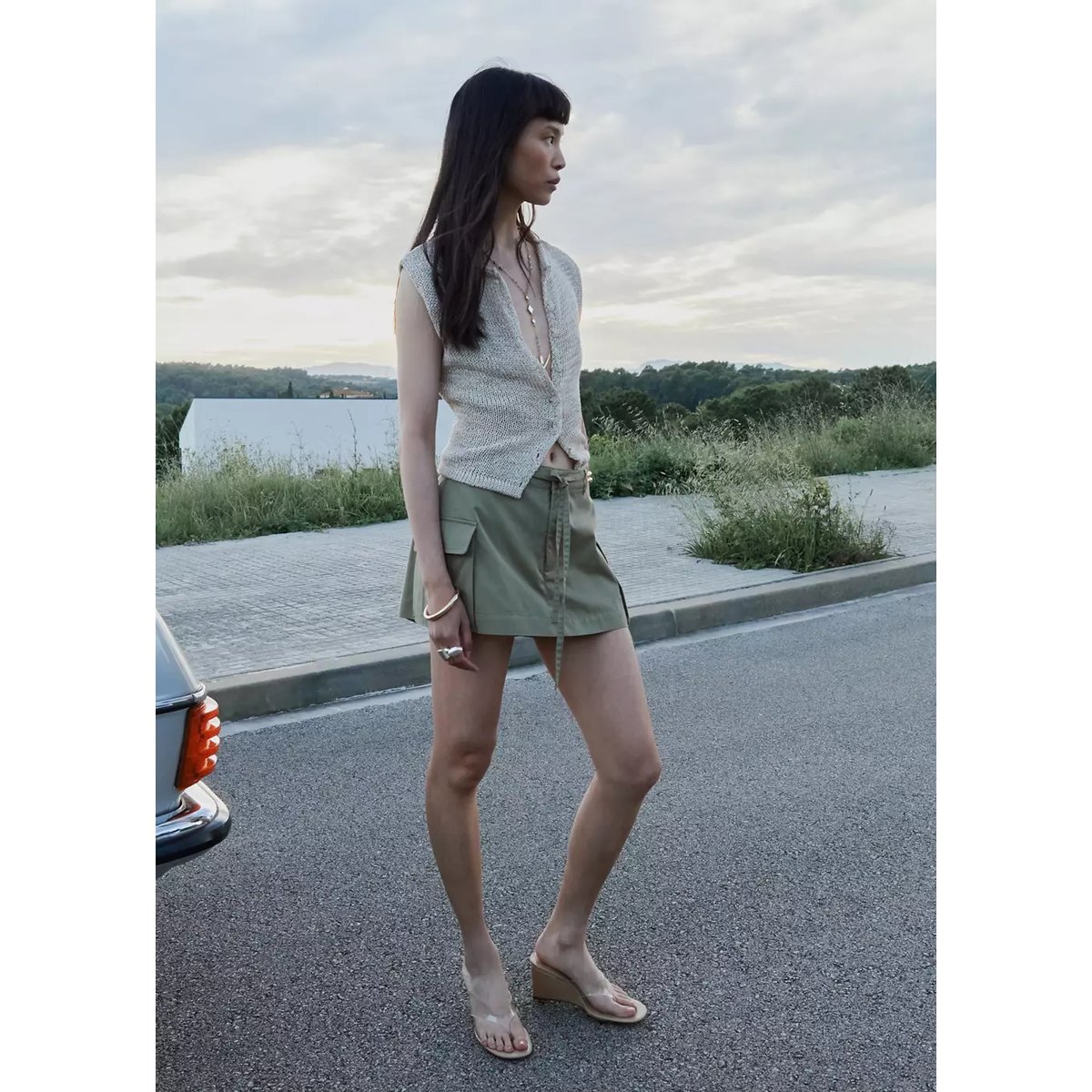 Jupe-short à poches cargo kaki, MANGO