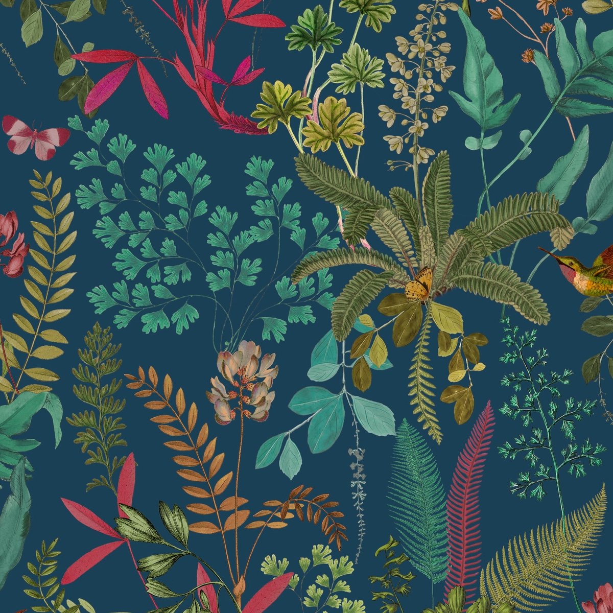 Papier peint fleurs tropicales Vyani bleu, vert, rose, SUBLIME