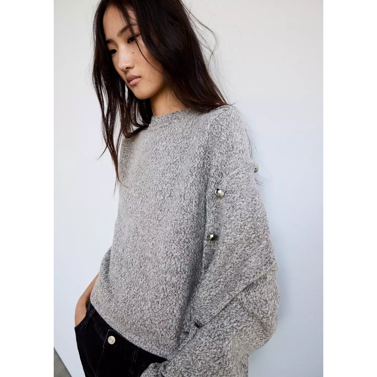 Pull-over maille épaulettes gris chiné clair, MANGO