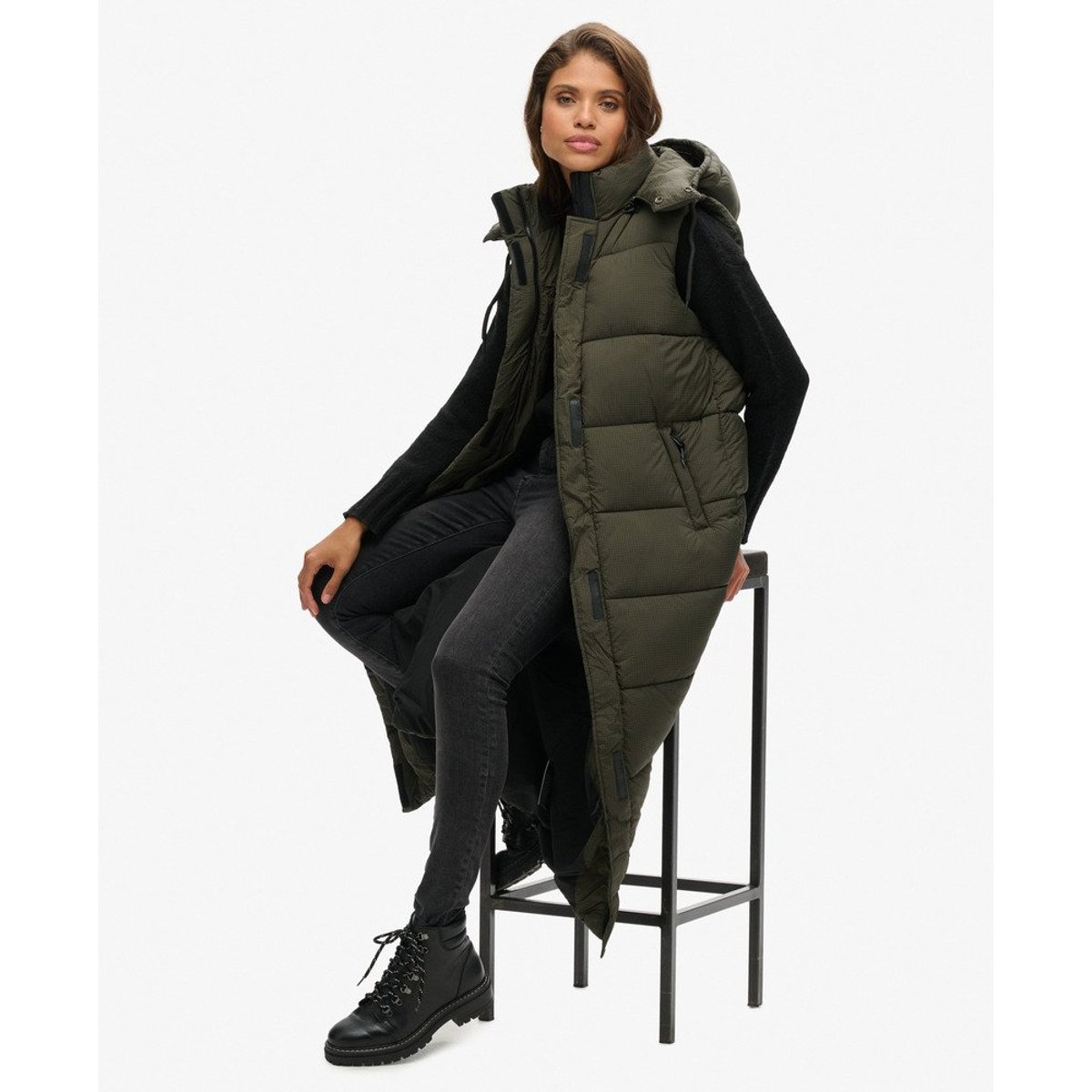 Gilet à capuche long sans manches Ripstop kaki quadrillé, SUPERDRY
