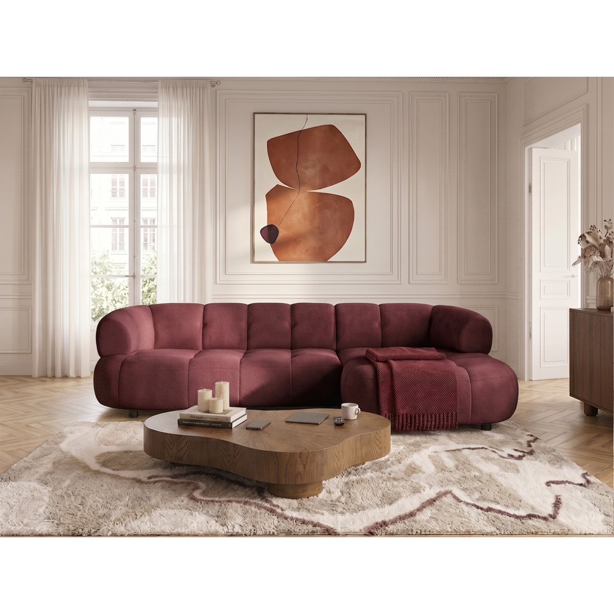 Canapé d'angle convertible 3 places en tissu lisse, LOVELY rouge, BOBOCHIC