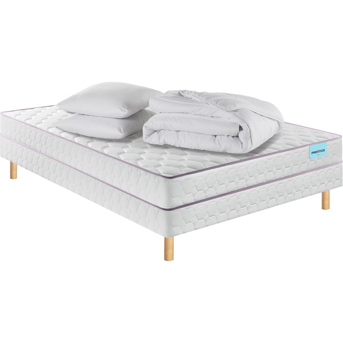 Conjunto de colchão, base, edredão e almofada branco, MERINOS
