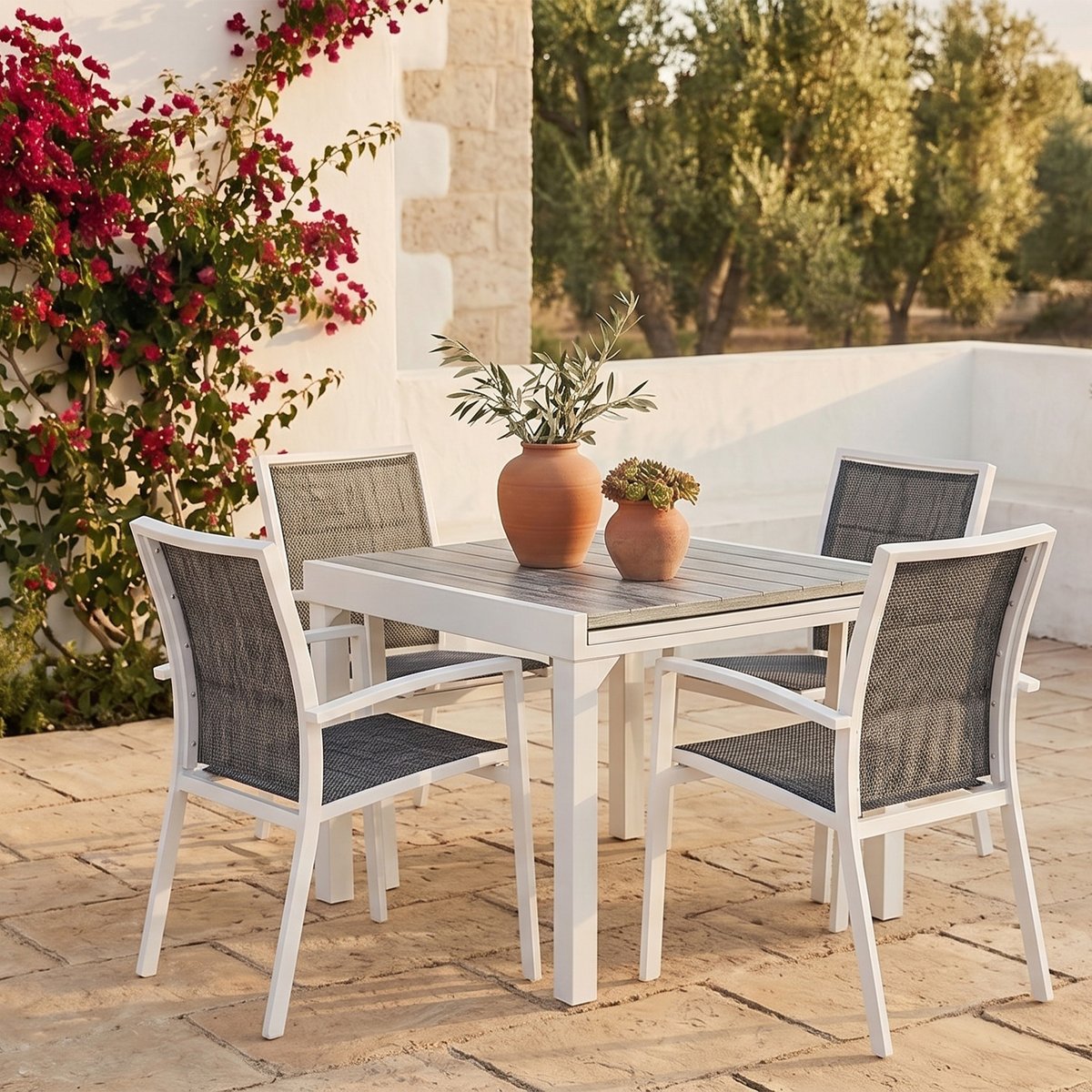 Ensemble en aluminium, verre, 4 fauteuils MODULO blanc, WILSA GARDEN