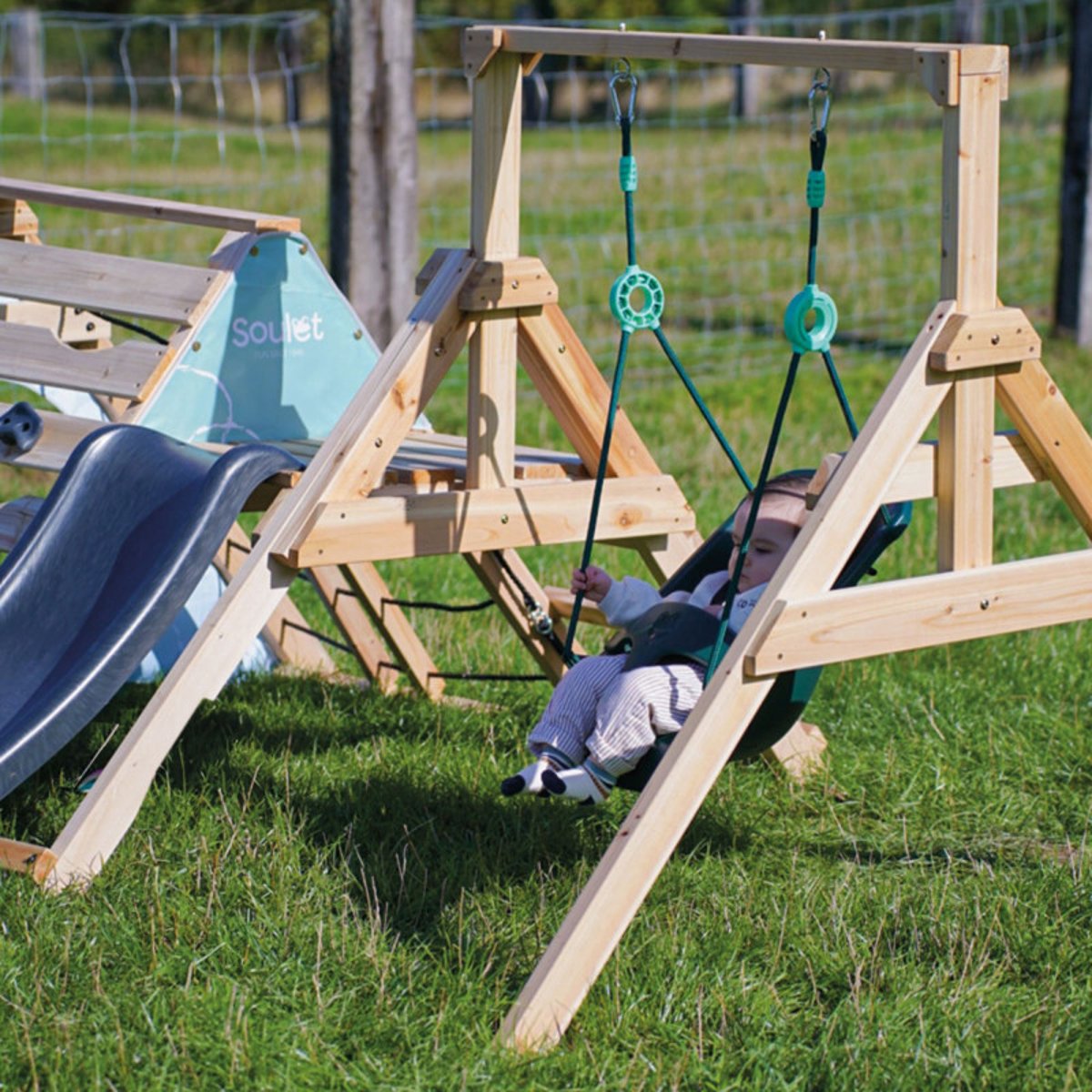 Aire de jeux en bois premier âge et balançoire bébé OLYMPE beige, SOULET