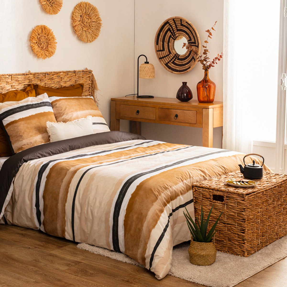 Parure de lit imprimée en percale de coton HANA ocre, ATMOSPHERA
