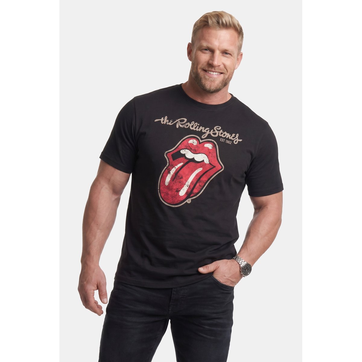 T-shirt à imprimé Rolling Stones et col rond noir, JP1880