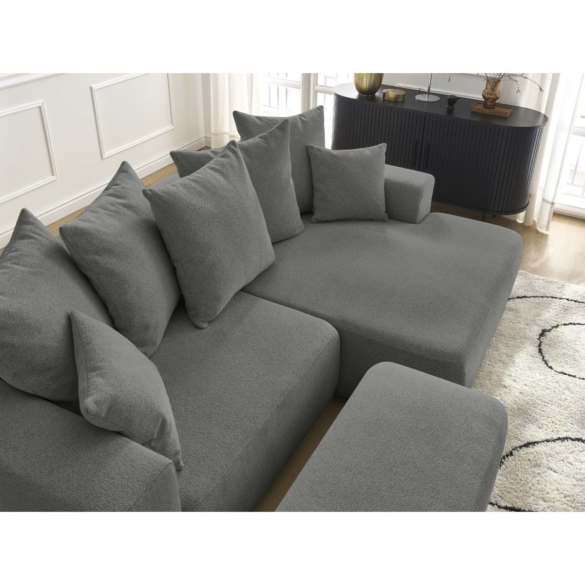 Canapé d'angle convertible 5 places en tissu chiné avec pouf, ATILLA gris foncé, BOBOCHIC