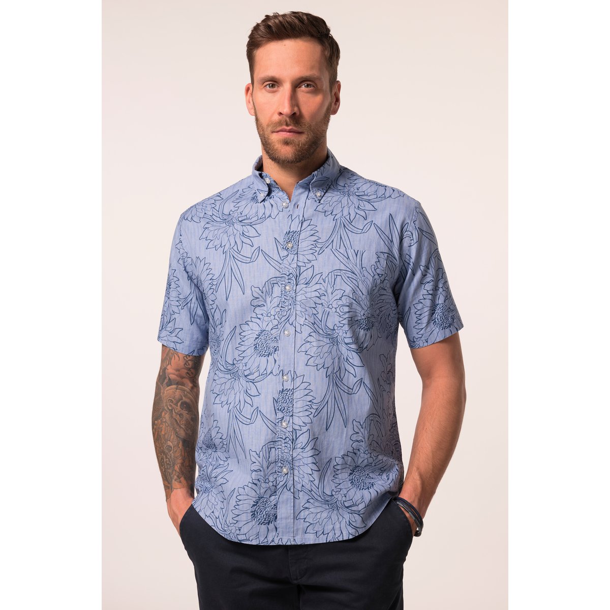 Chemise en lin mélangé, imprimé all-over bleu jean, JP1880