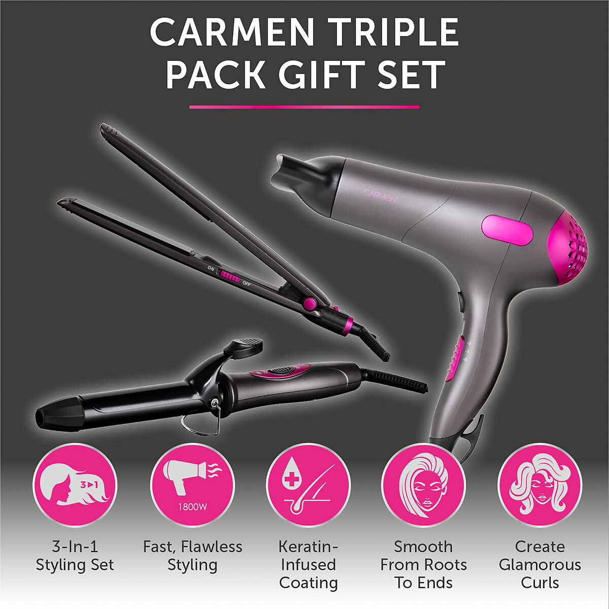 Neon Triple Pack Gift Set with Hair Dryer/Curler/Straightener - C81128 grey, CARMEN