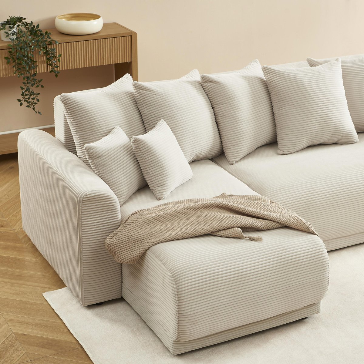 Canapé d'angle convertible velours SOLINE beige, BAÏTA