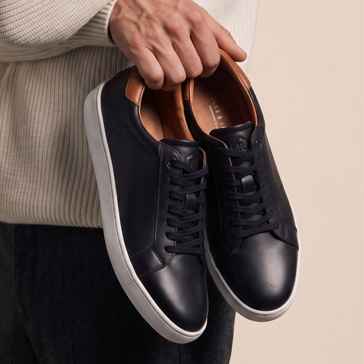 Tennis lacet homme cuir noir/blanc, JULES & JENN