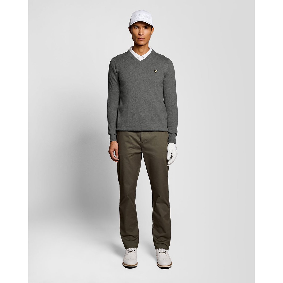 Pull en mélange de coton col V gris moyen chiné, LYLE & SCOTT