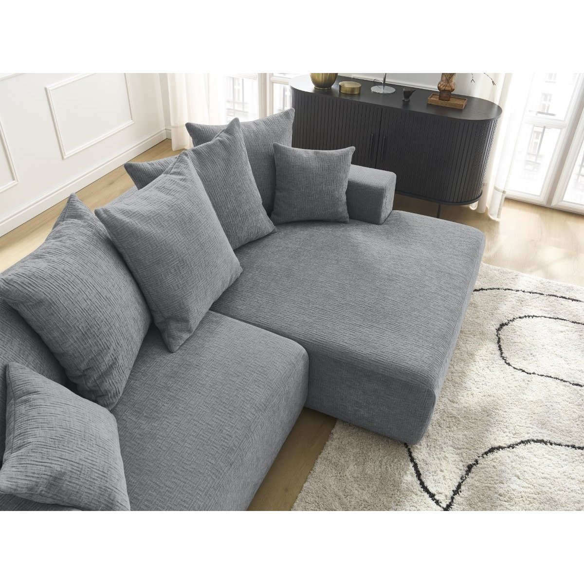 Canapé d'angle convertible 4 places en tissu texturé, ATILLA gris foncé, BOBOCHIC