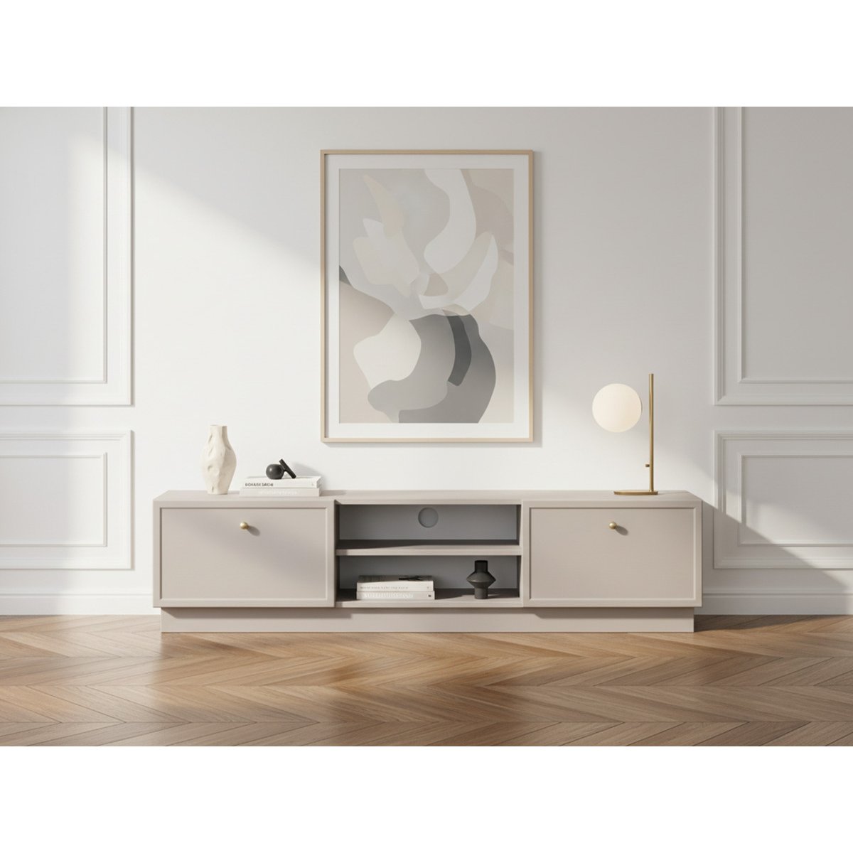 Meuble TV 150 cm panneaux de particules, LORINA beige, BOBOCHIC