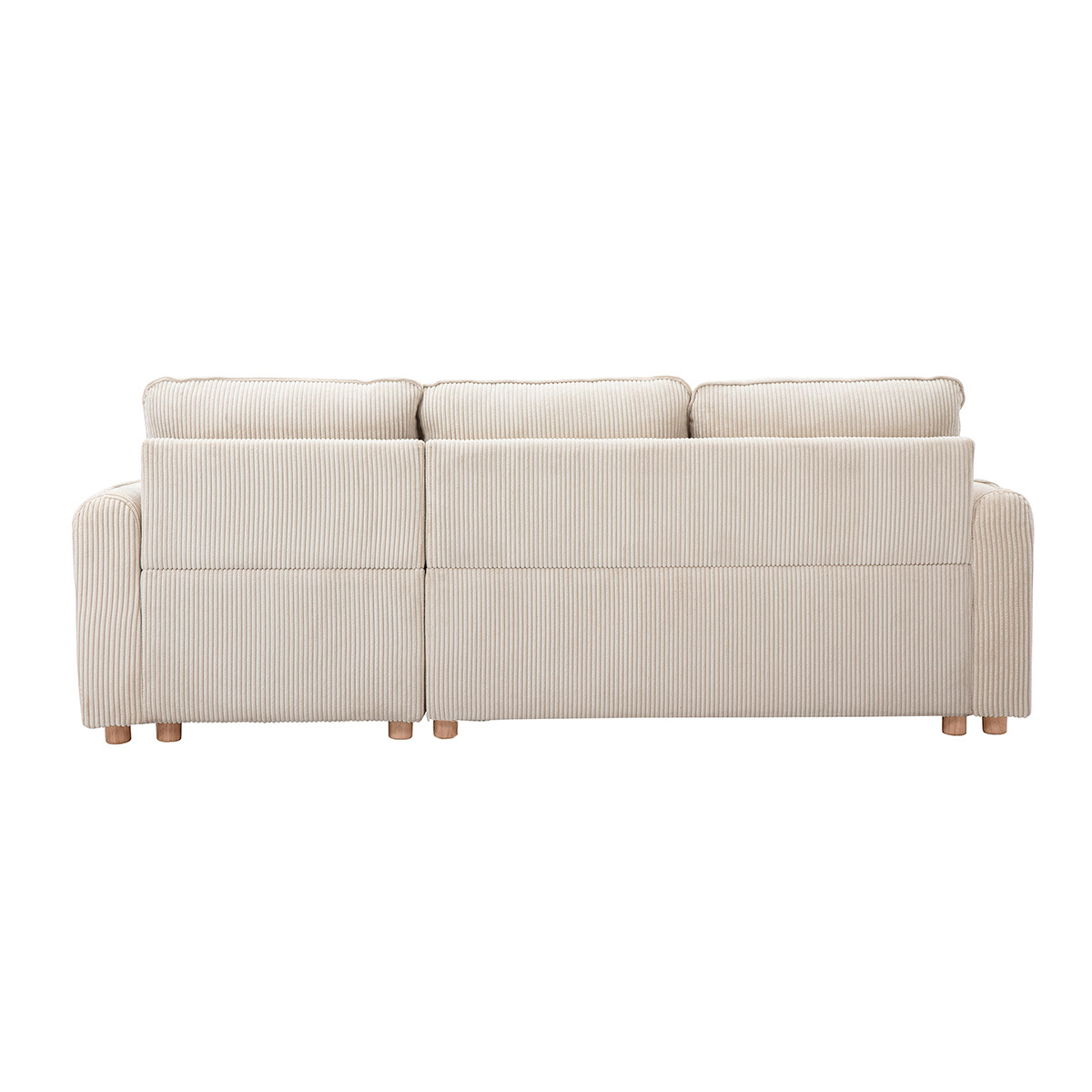 Canapé d'angle convertible réversible avec coffre 3 places en tissu velours côtelé beige et bois clair ORSO beige, MILIBOO