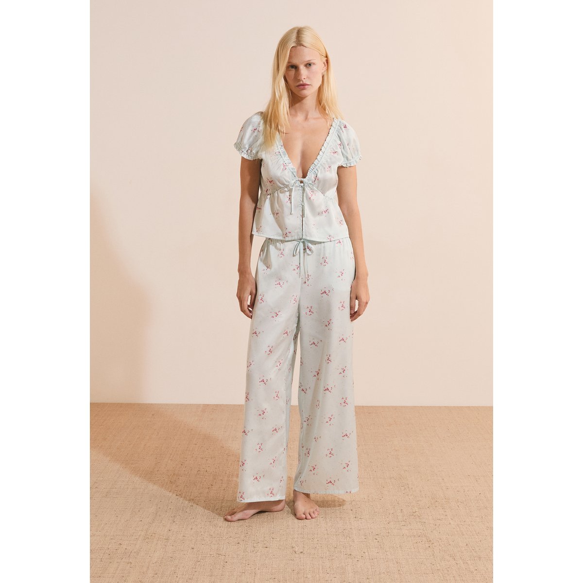 Pantalon 7/8 satiné à motifs FIOCCO imp bleu vert, ETAM