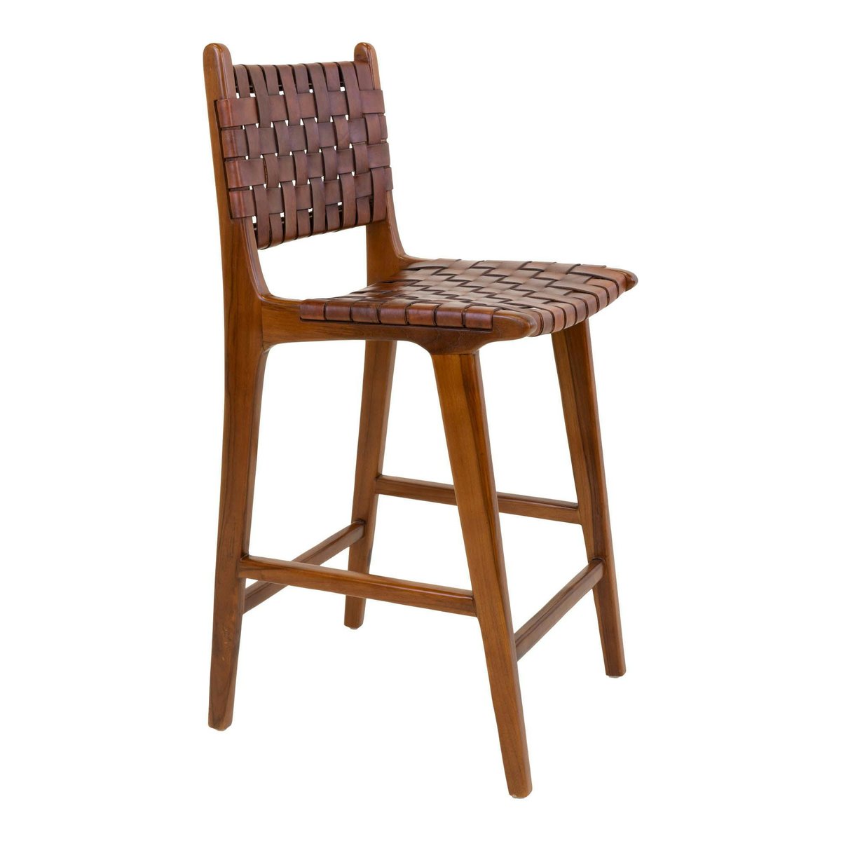 Chaise de bar en bois de teck et cuir marron MENDOZA bois naturel, PIER IMPORT