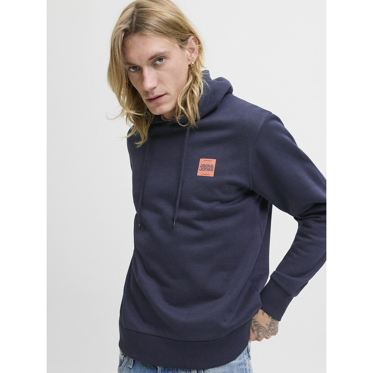 Felpa con cappuccio piccolo logo blu marino, JACK & JONES