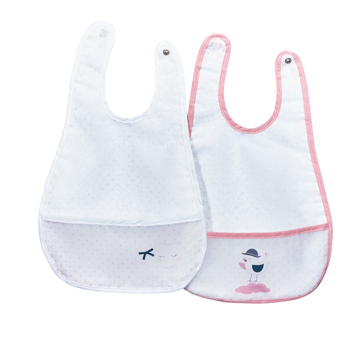 Bavoir plastifié avec récupérateur rose/blanc, SAUTHON