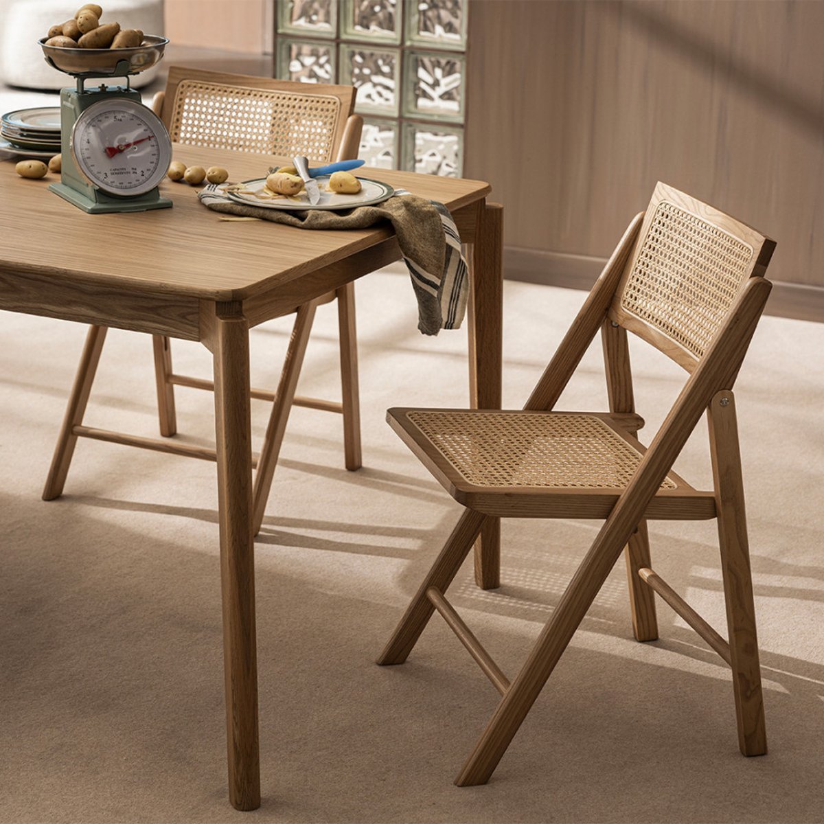 Chaise pliante en cannage et bois- PAULA bois clair, DRAWER