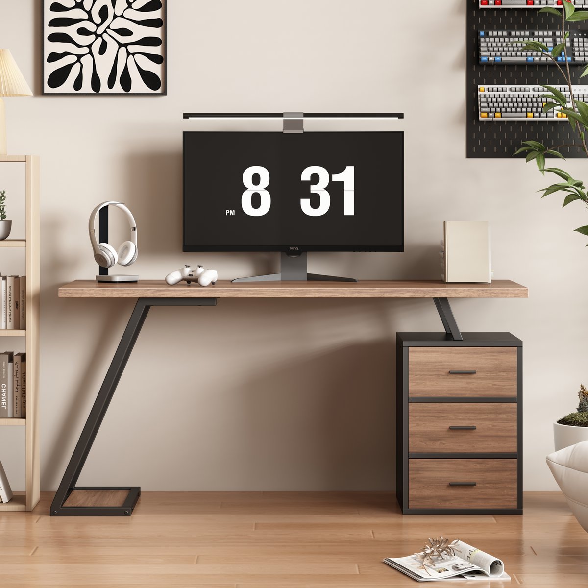 Bureau style industriel avec 3 tiroirs et 1 étagère intégrée, JO noyer, MEUBLES COSY