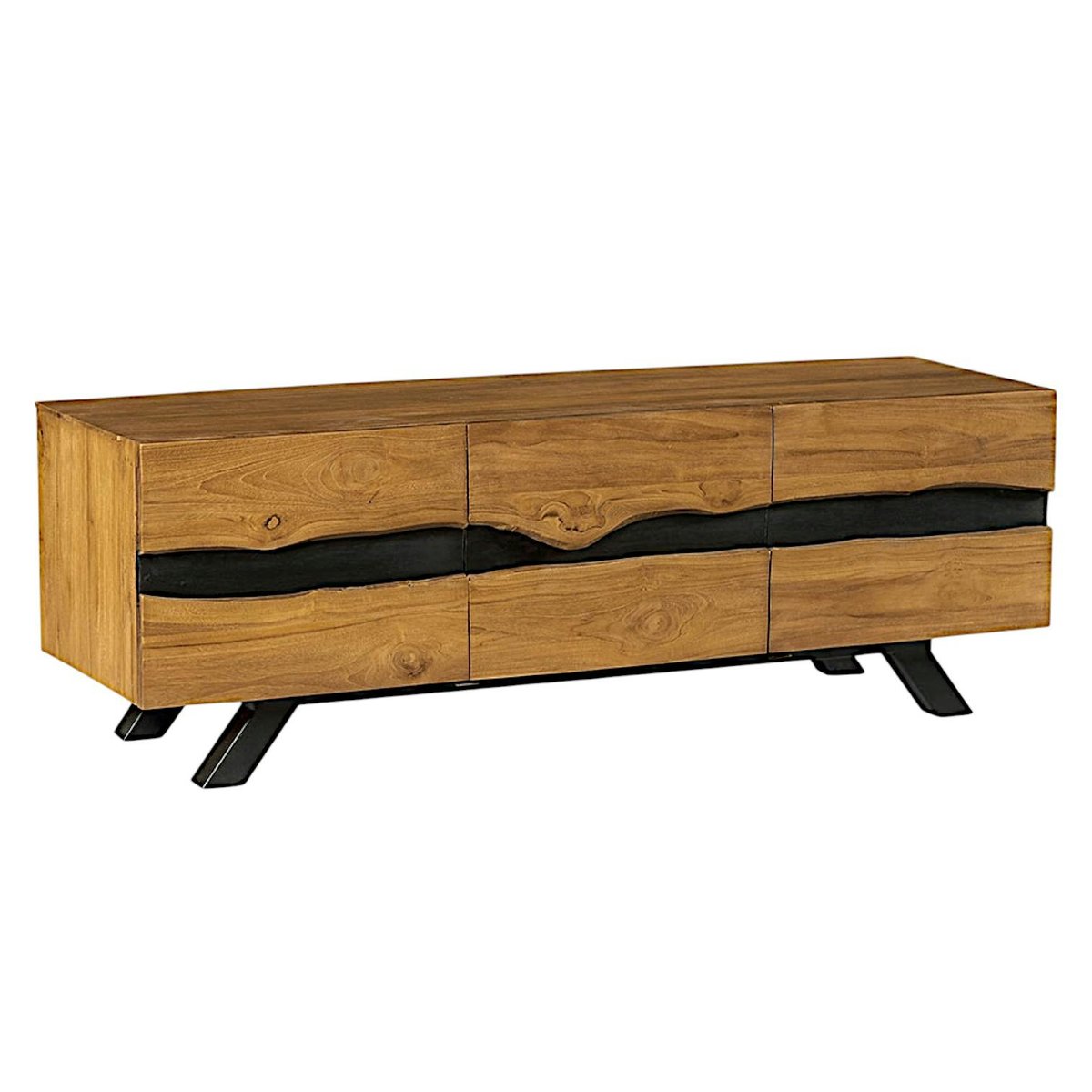 Meuble TV contemporain bois recyclé de teck et bandeau noir laqué 3 portes style moderne 160 cm BARBADE bois naturel, PIER IMPORT