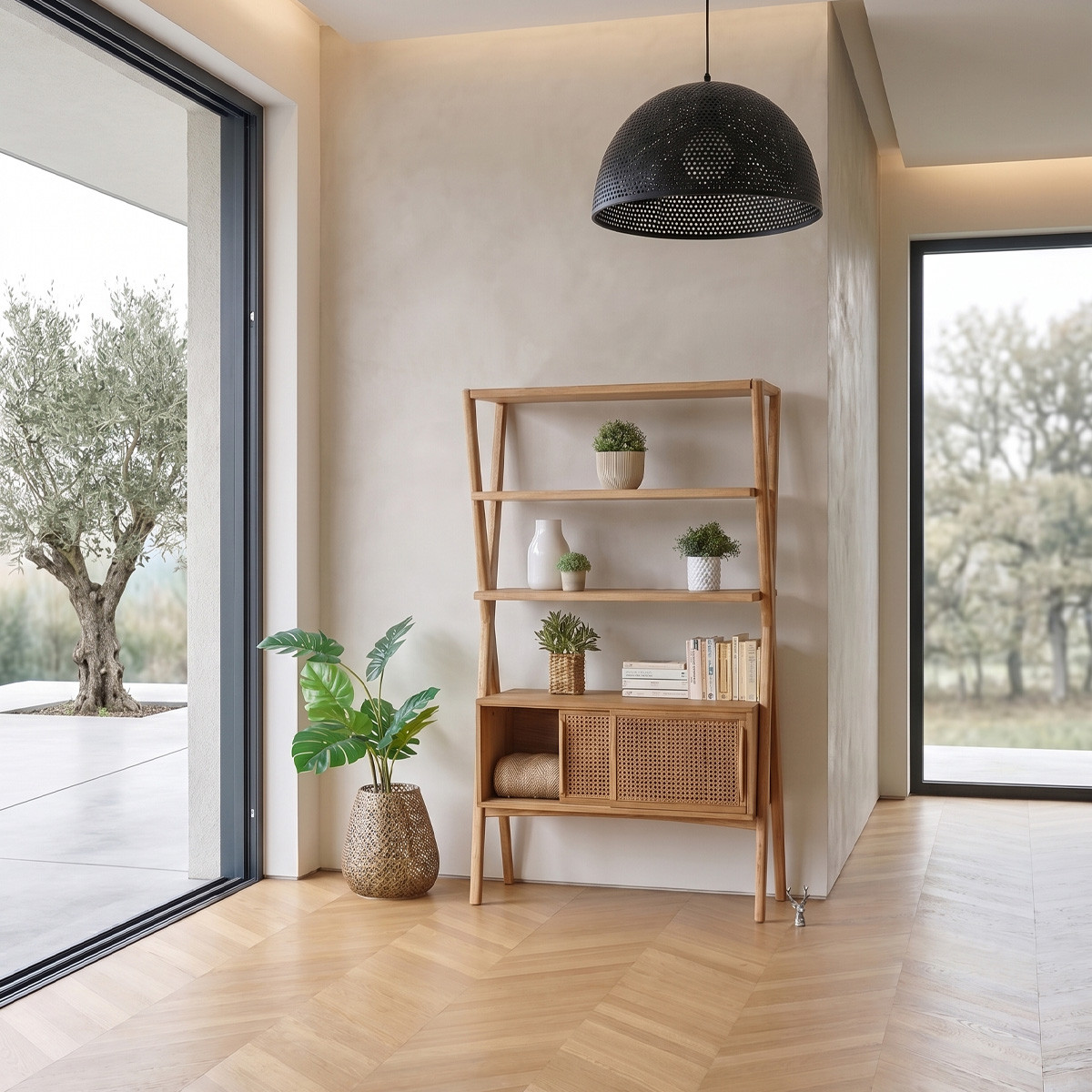 Etagère portes coulissantes style contemporain en chêne et cannage DOROTHY beige, ROBIN DES BOIS