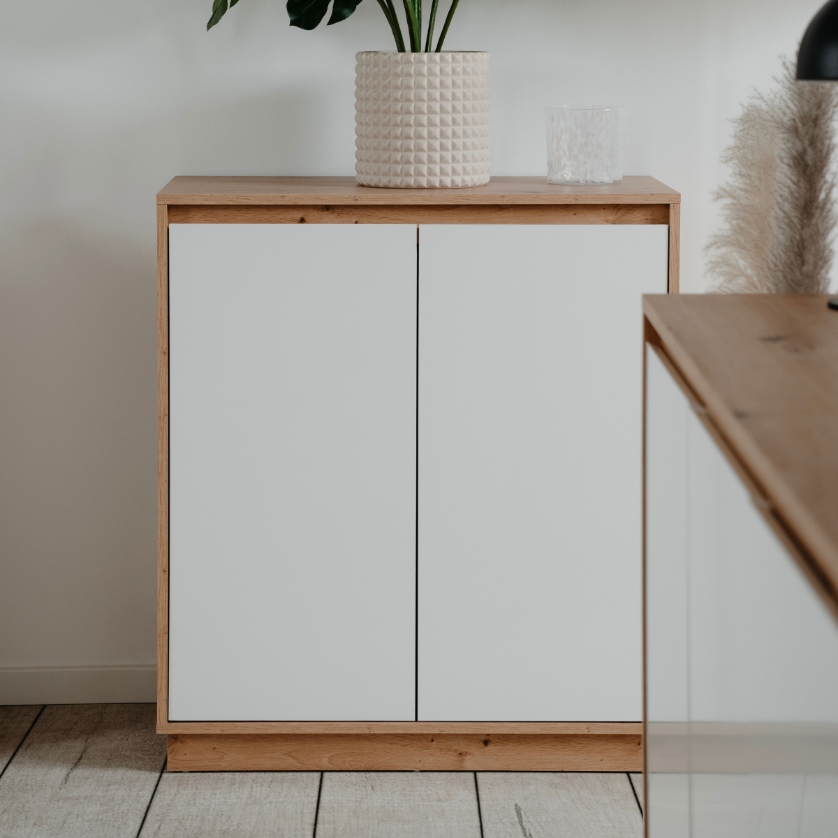Petit buffet 2 portes L79 cm - PHOENIX chêne artisan / blanc brillant, CALICOSY