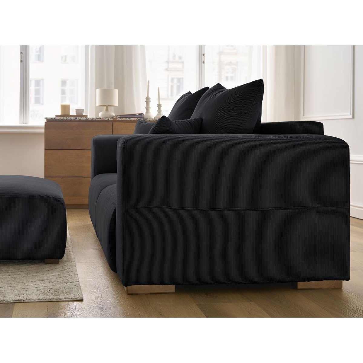 Canapé droit fixe 3 places en velours côtelé avec pouf, SIDONIE noir, BOBOCHIC