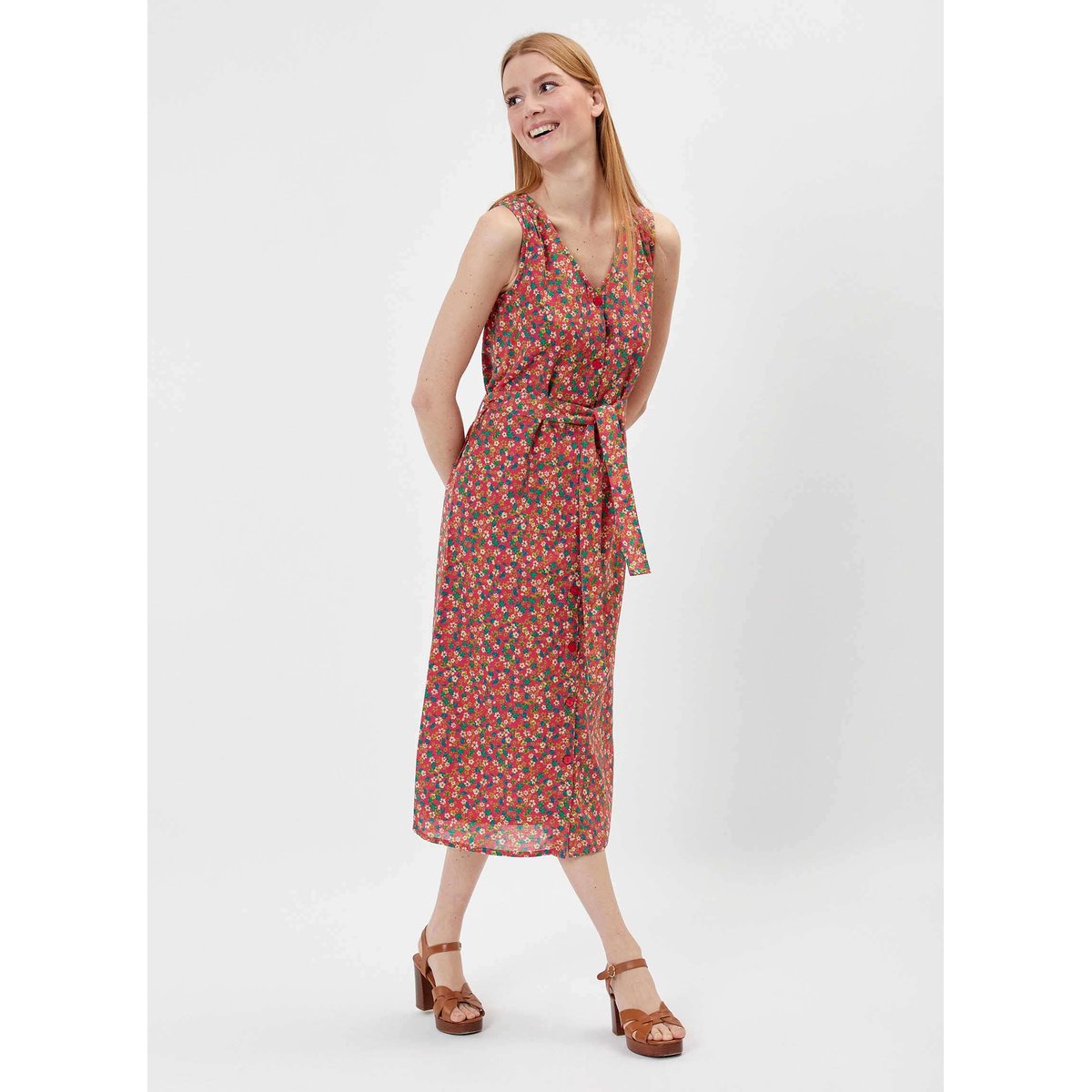 Robe imprimée longue boutonnée coton bio et lin OULIA orange baby, PRINCESSE NOMADE