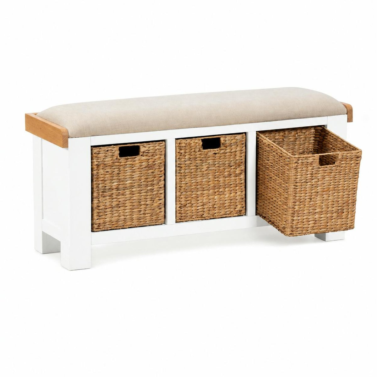 Banc d'entrée blanc coussin d'assise et paniers rangement VELIA blanc, PIER IMPORT