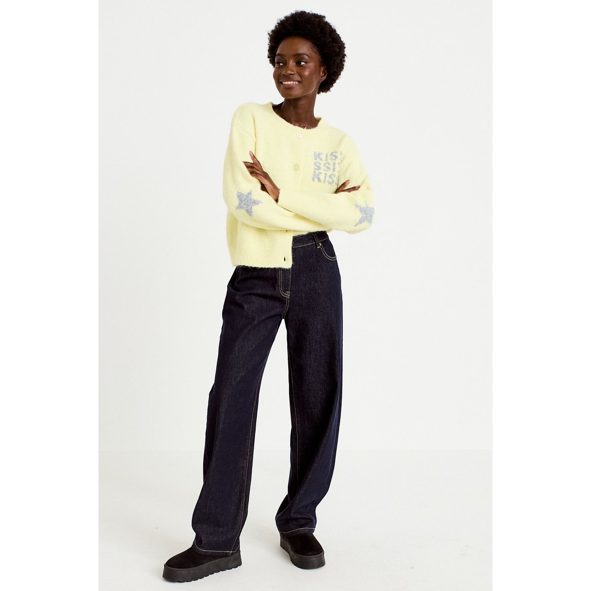 Gilet ample col rond manches longues jaune clair, CACHE CACHE