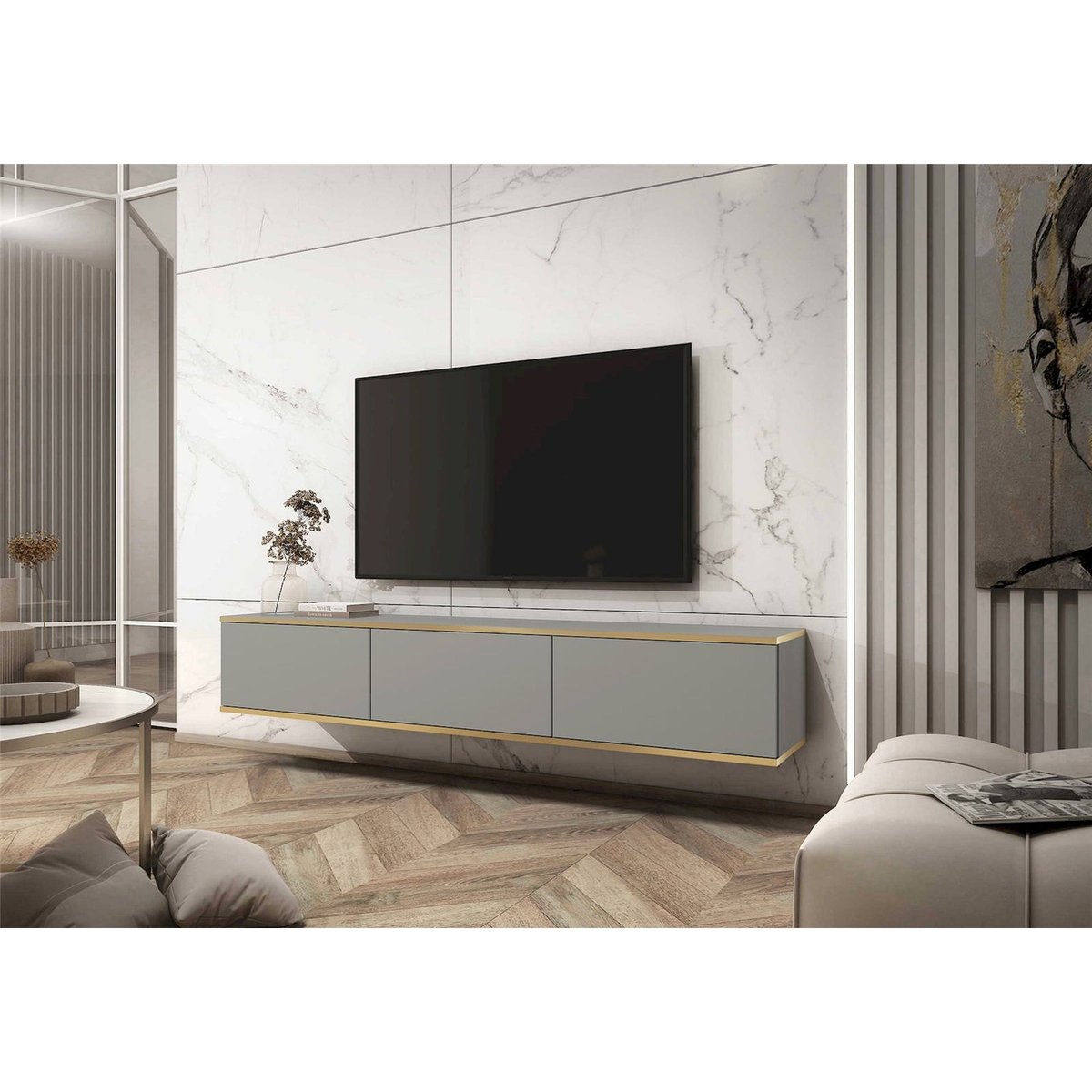 Meuble tv suspendu effet marbre MUCALMA blanc, RECOLLECTION