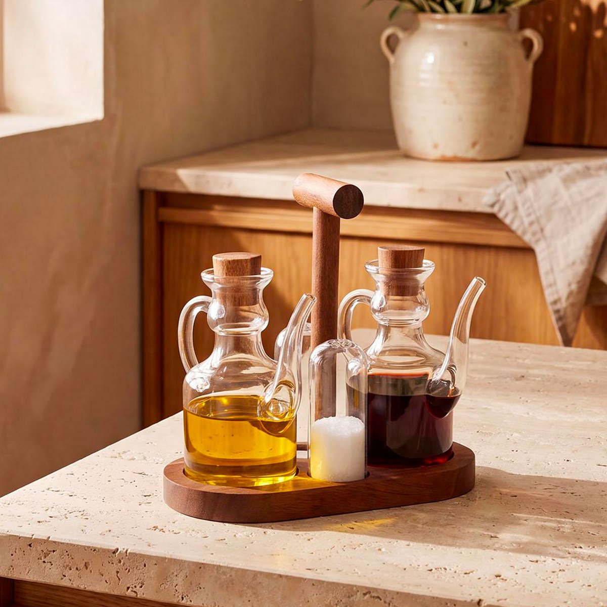 Set huile, vinaigre et sel verre et bois acacia 9x18.5x18cm bois, WADIGA