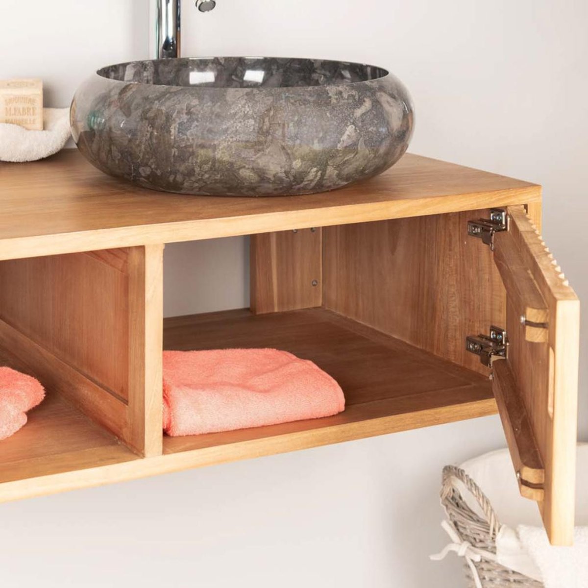 Meuble suspendu de en teck rectangle double vasque 145 cm MYA naturel, WANDA COLLECTION