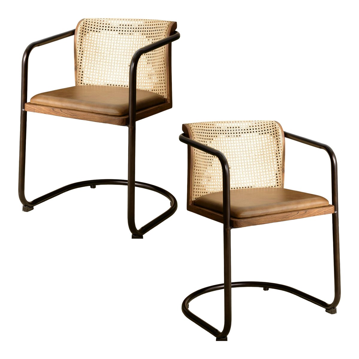 Fauteuil cuir et rotin havane pied luge arrondi (lot de 2) TIM marron, PIER IMPORT