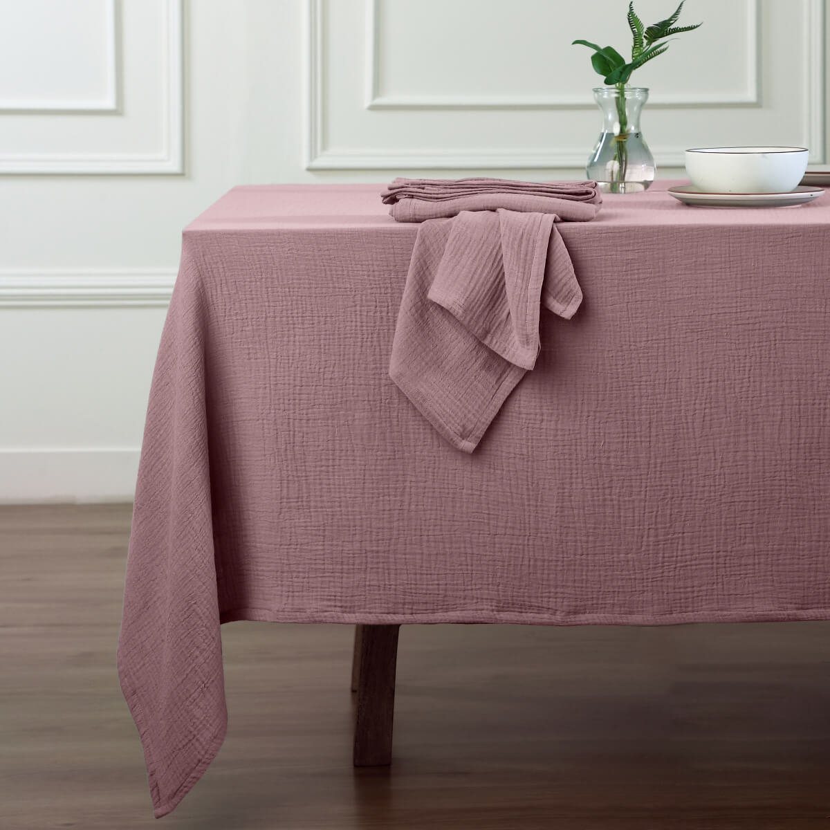 Nappe + 10 serviettes gaze de coton ALMA Made in Europe bois de rose, FEBRONIE