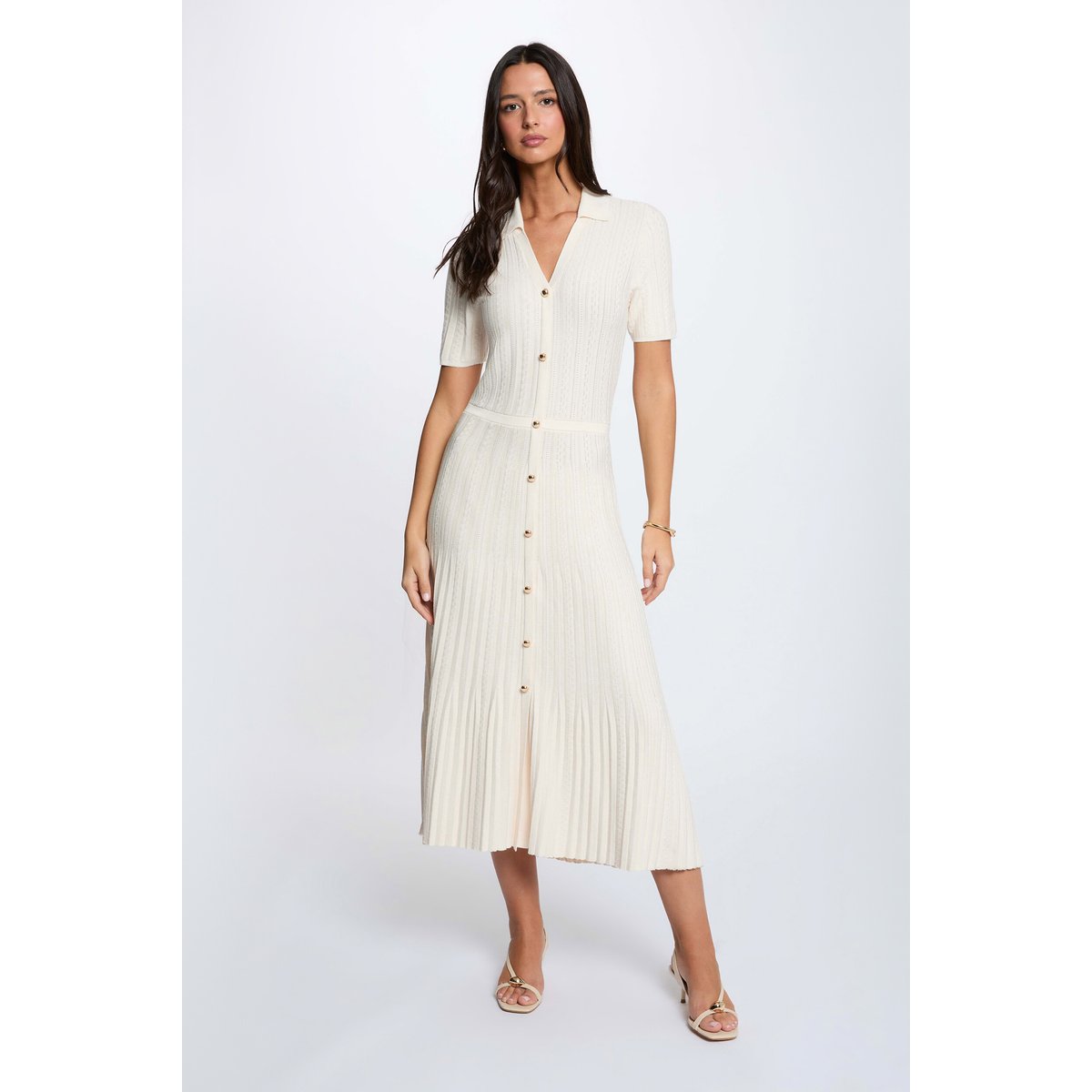 Robe tricot col à revers ivoire, MORGAN
