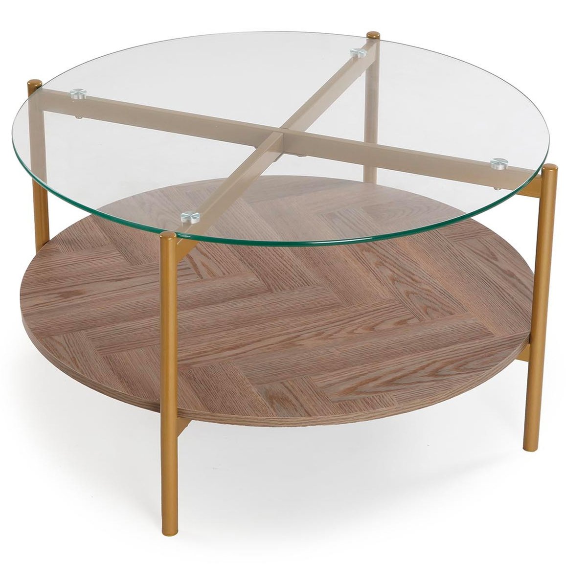 Table basse ronde 2 plateaux bois et verre 80x80x45cm bois, VERSA
