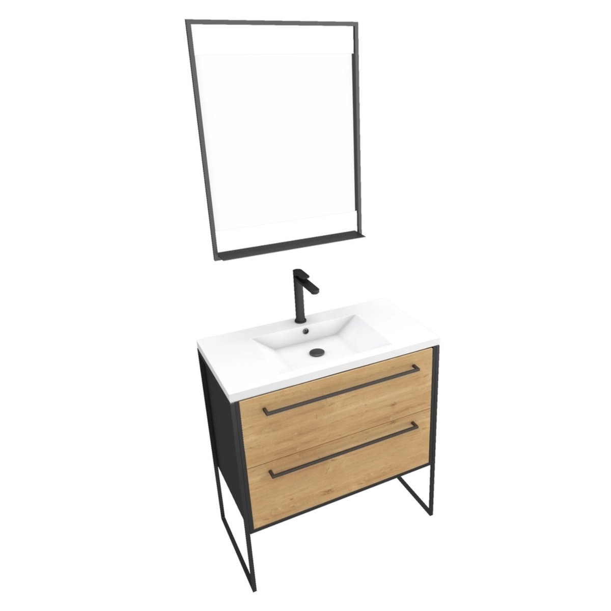 Pack meuble à 2 tiroirs vasque et miroir simple blanc, HOME MAISON