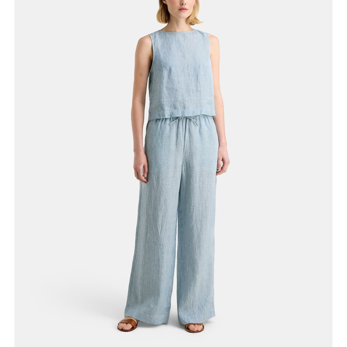 Pantalon large elios lin écru et bleu, GALERIES LAFAYETTE