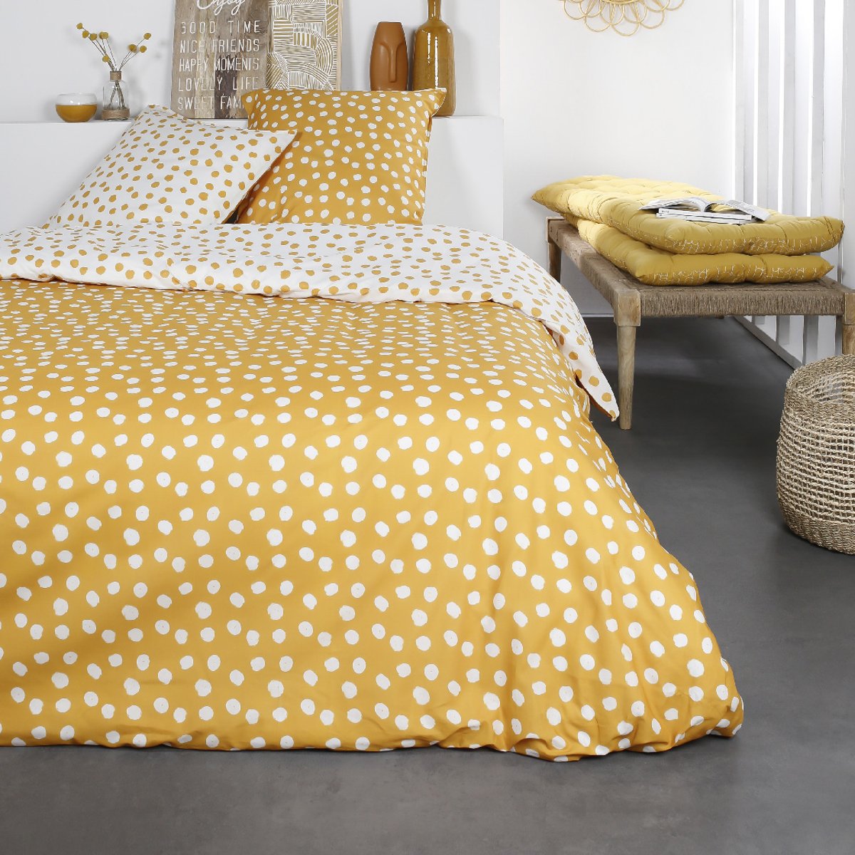 Parure de lit 2 personnes imprimé a pois coton SUNSHINE CALI jaune, TODAY